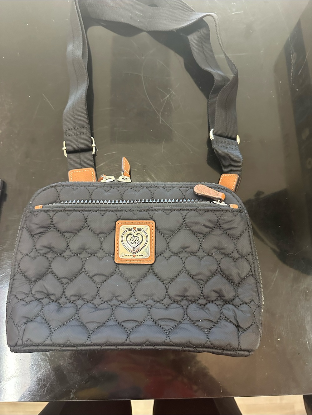 Brighton Black Heart-Quilted Crossbody with Tan Leather Trim